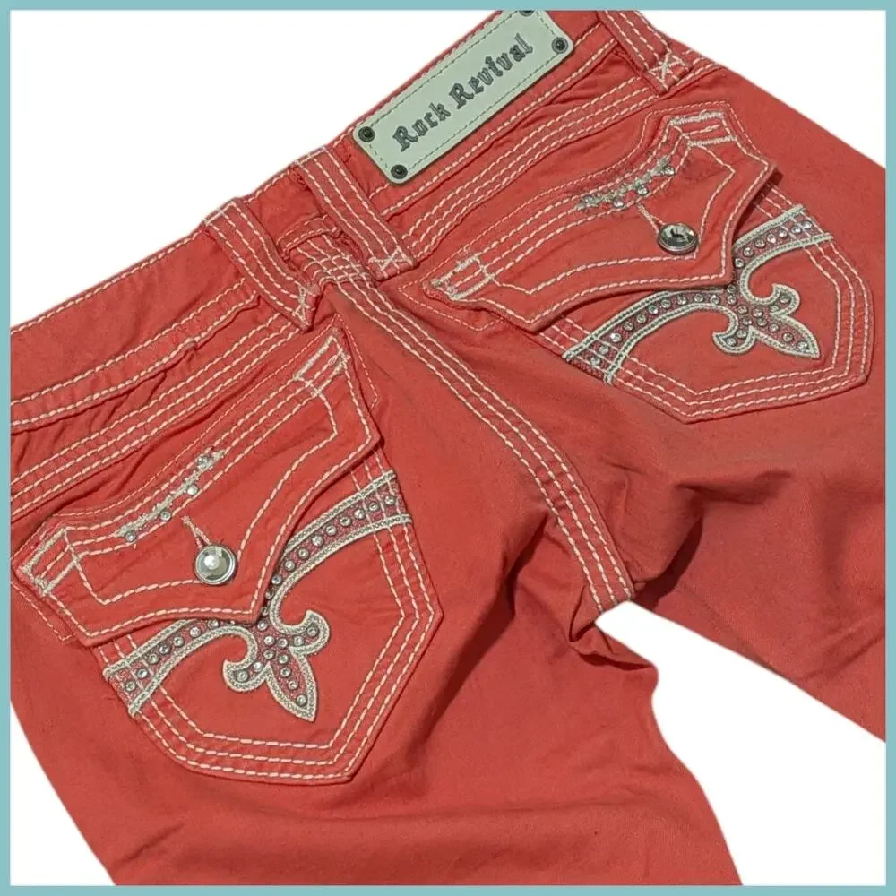 ROCK REVIVAL Scarlett Low Rise Rhinestone Flap Pocket Capri Women's 26 Y2K Bling